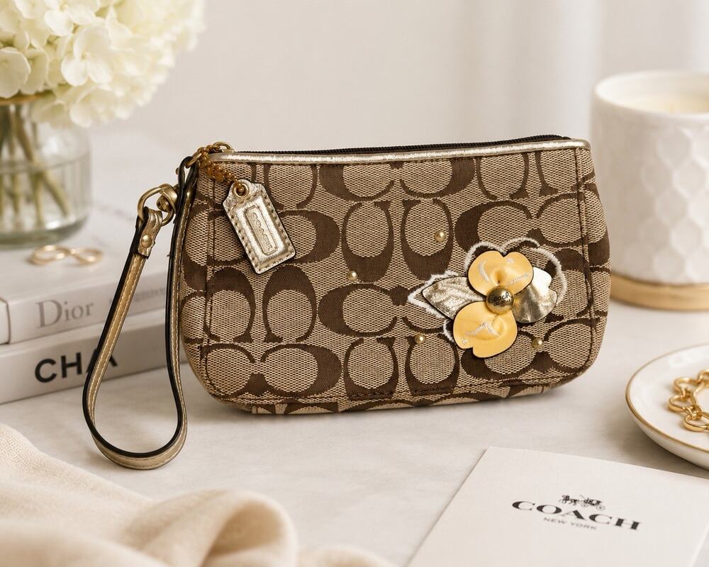 Coach Signature Khaki Brown Jacquard Flower Appliqué Wristlet Gold Zip Pouch